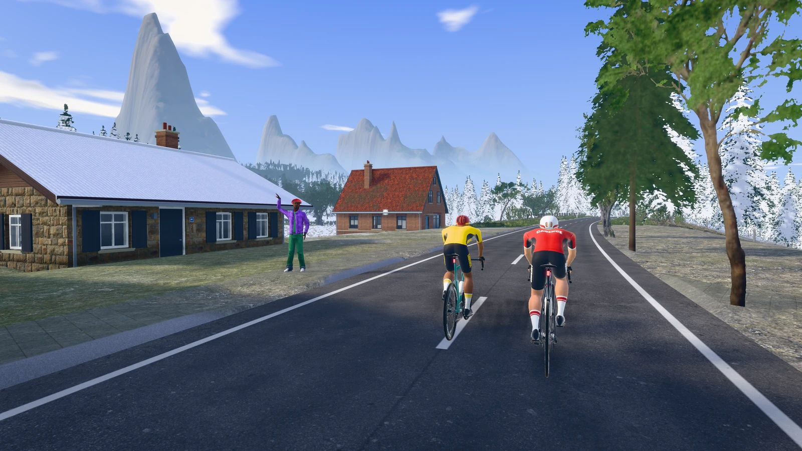 Een renner op een besneeuwde weg langs een Zwitsers chalet, met bergtoppen erachter.
